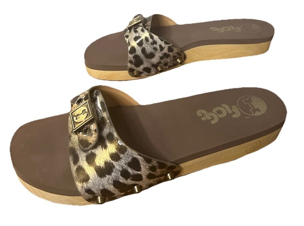 FLOGG Wood Bottom Slide Sandal Metallic Leopard Strap Buckle Womens Size 10